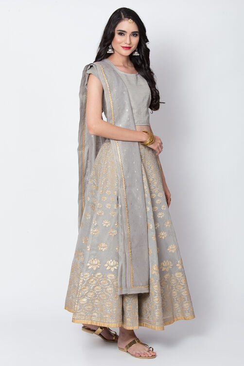 Grey Poly Cotton Lehenga Set image number 3