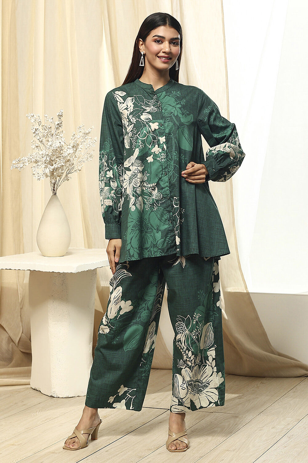 Green Cotton Floral Printed Co-ord Set image number 6