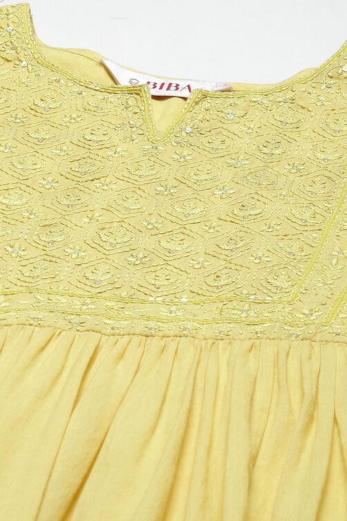 Yellow Cotton Flared Solid Dress image number 1