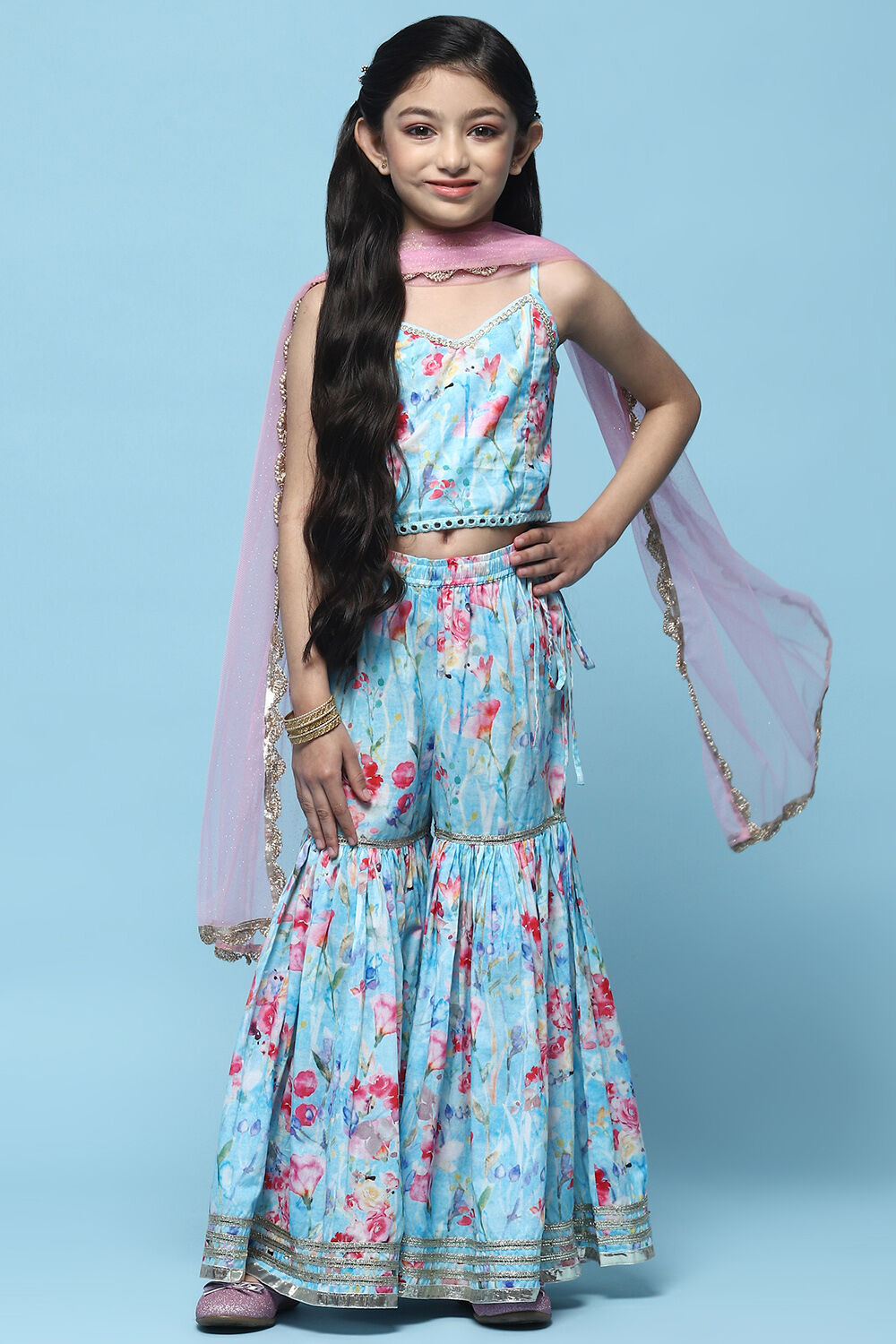 Blue Cotton Printed Blouse And Sharara t With Net Dupatta image number 7