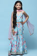 Blue Cotton Printed Blouse And Sharara t With Net Dupatta image number 7