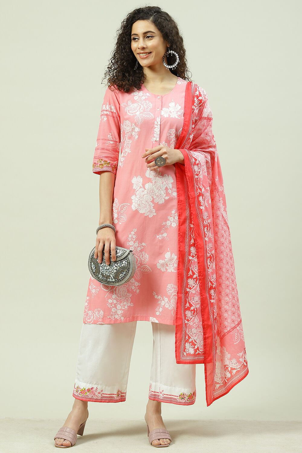 Pink Cotton Straight Kurta Palazzo Suit Set image number 0