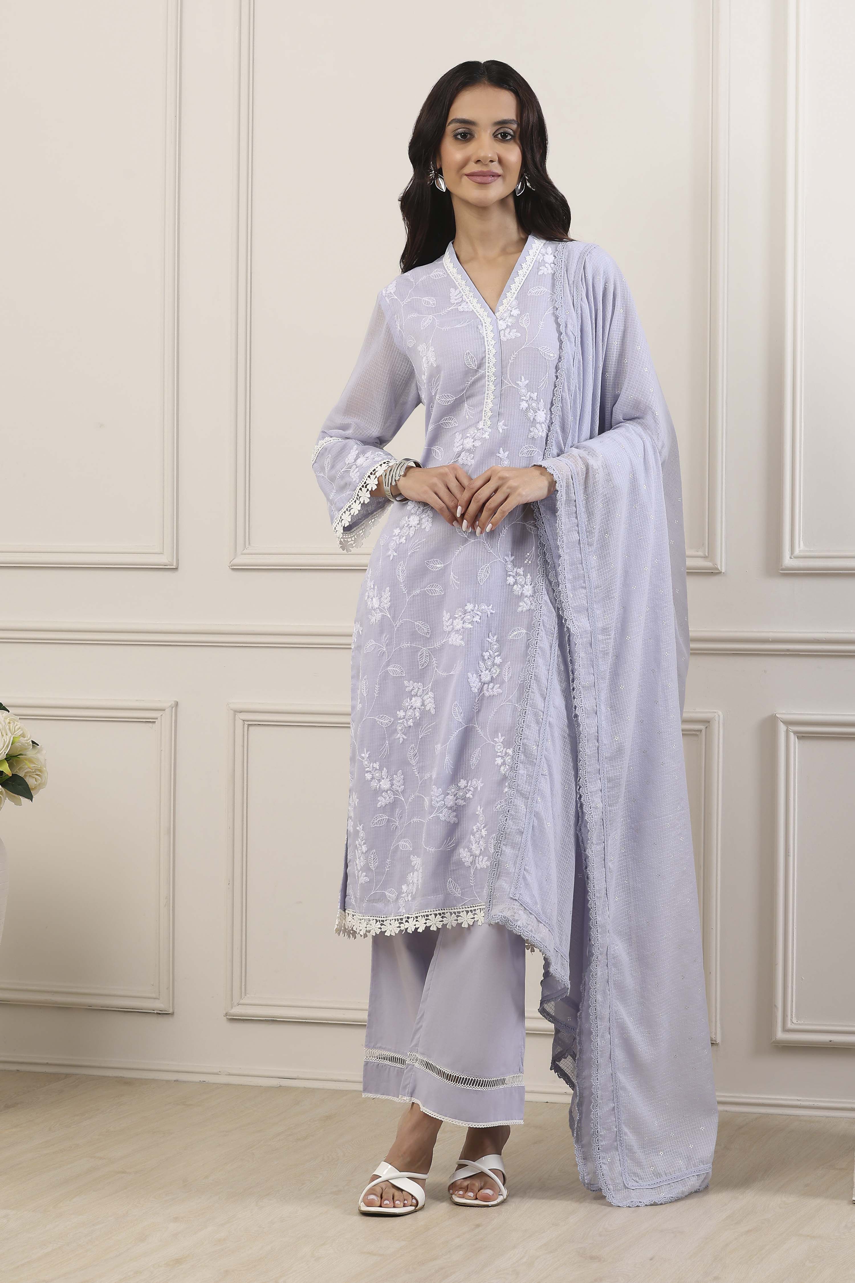 Purple Cotton Straight Suit Set image number 6