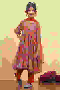 Orange Floral Printed Tiered Suit Set image number 6