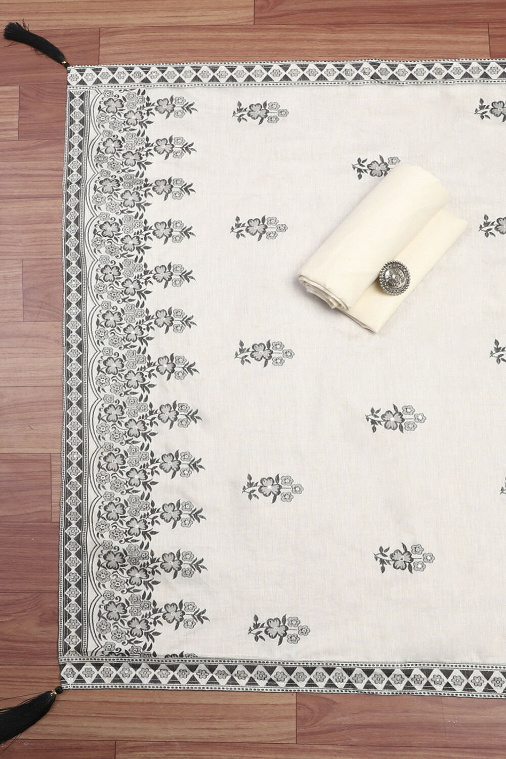 Cream Chanderi Unstitched Suit Set image number 2