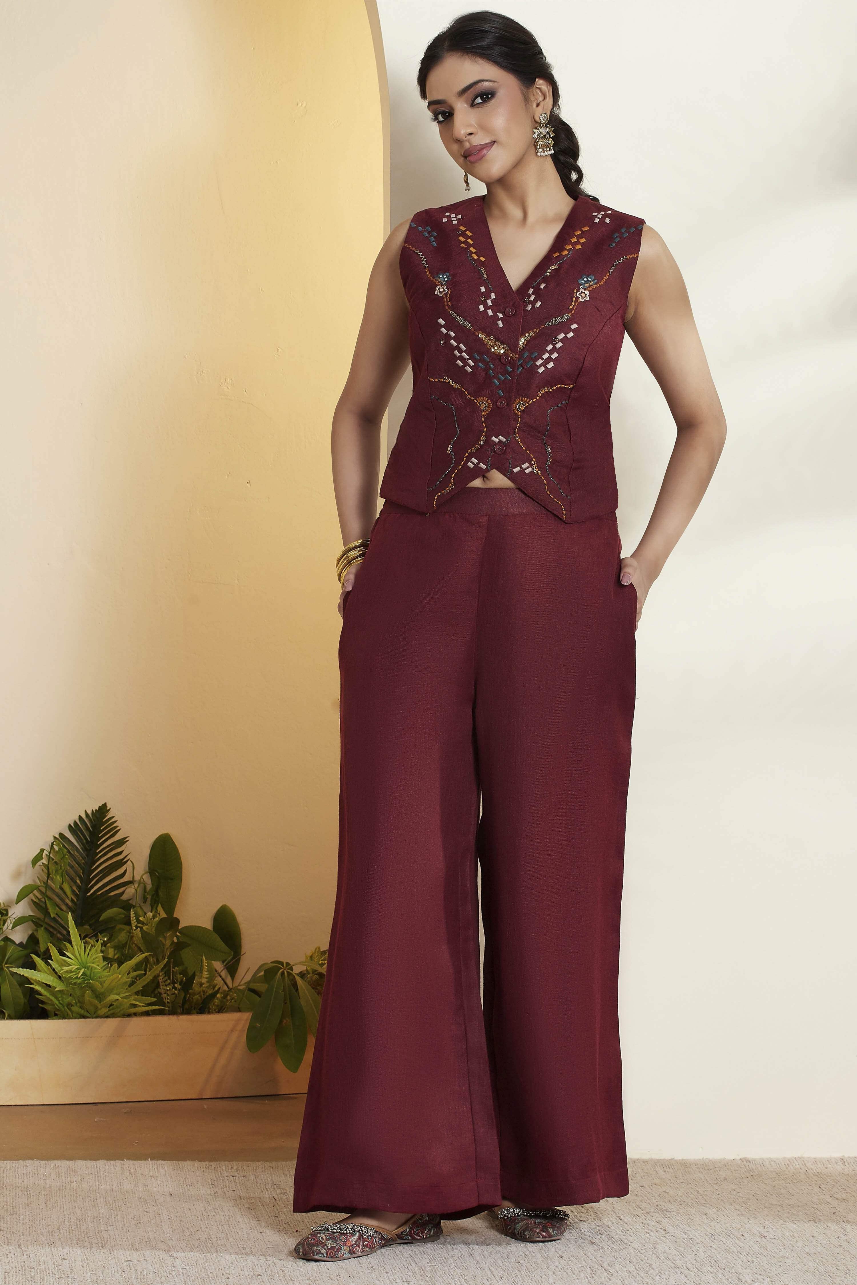 Maroon Embroidered Sleeveless Fusion Set image number 7