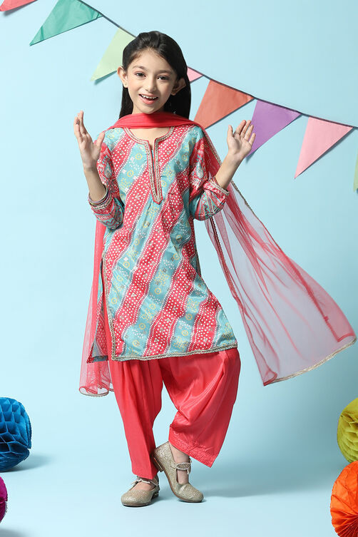 Sea Green Polyester Straight Printed Kurta Salwar Suit Set image number 0