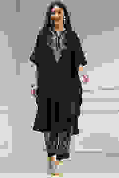Black Modal Solid Kaftan Fusion Kurta Set image number 0