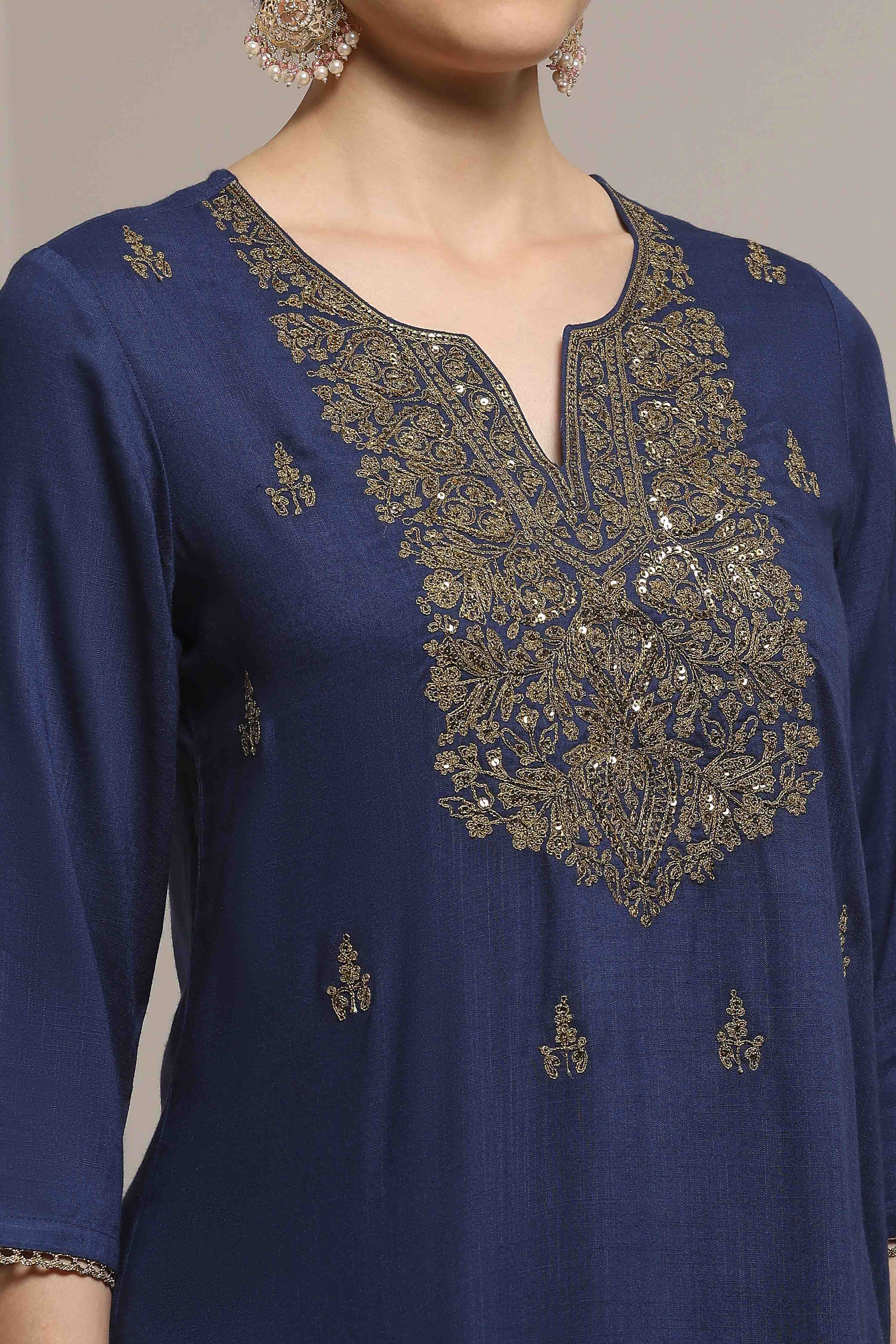 Blue Viscose Rayon Straight Solid Suit Set image number 1