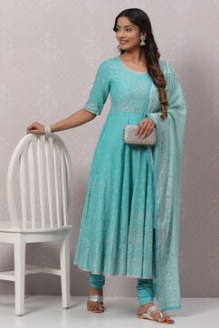 Turquoise Cotton Anarkali Kurta Churidar Suit Set image number 7