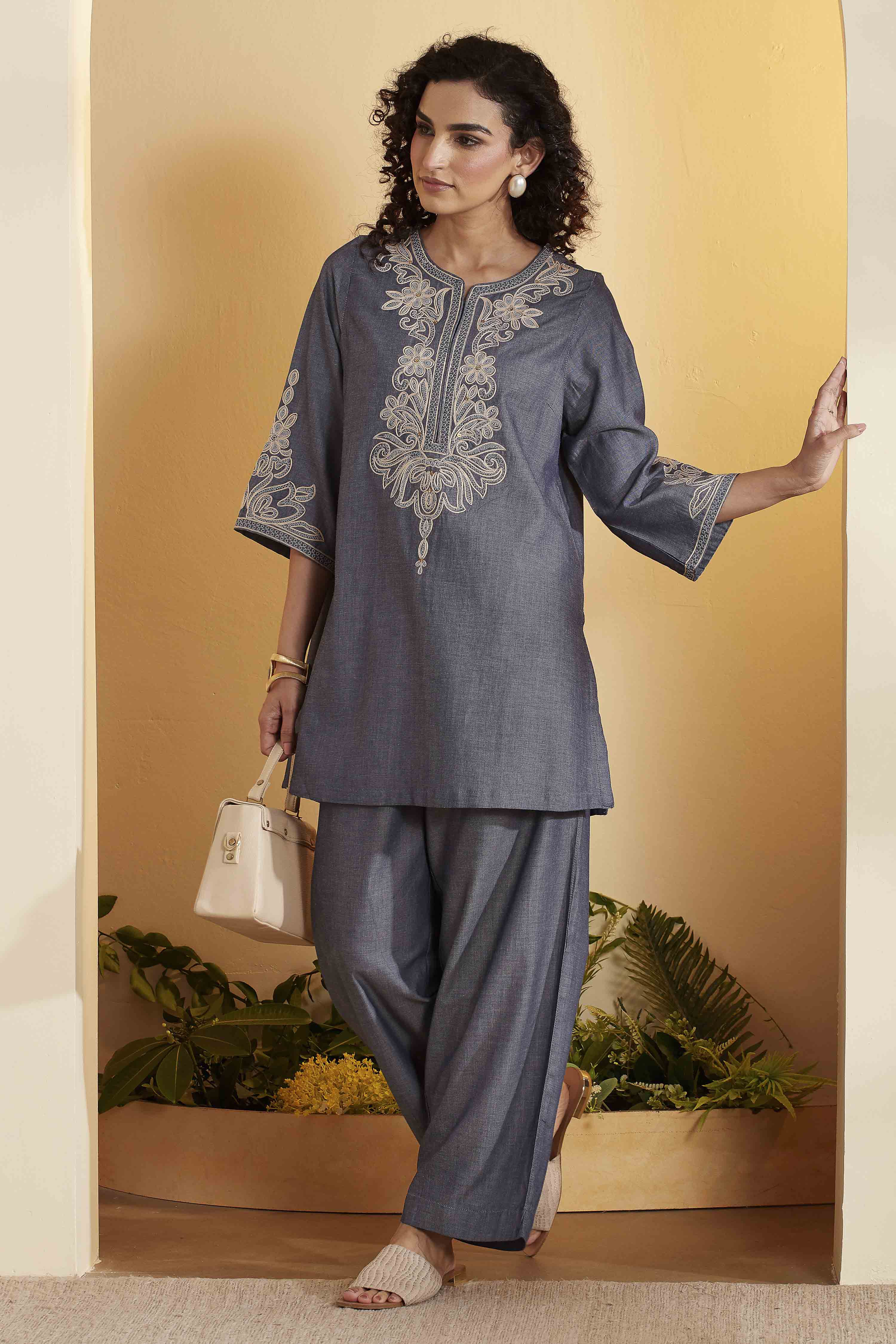 Blue Tencel Straight Suit Set image number 0