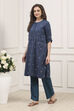 Navy Blue Cotton Yarndyed Straight Suit Set image number 2