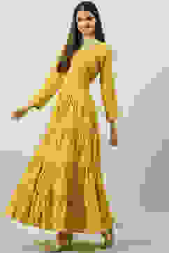 Mustard Cotton Flared Printed Dress image number 2