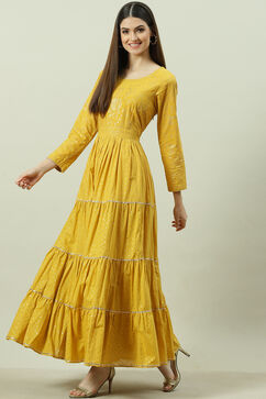 Mustard Cotton Flared Printed Dress image number 2