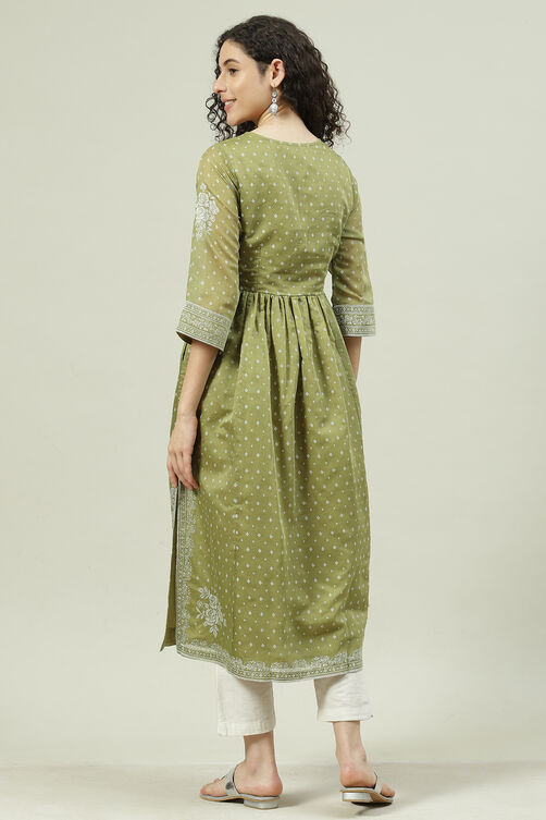 Green Art Silk Flared Printed Kurta image number 4