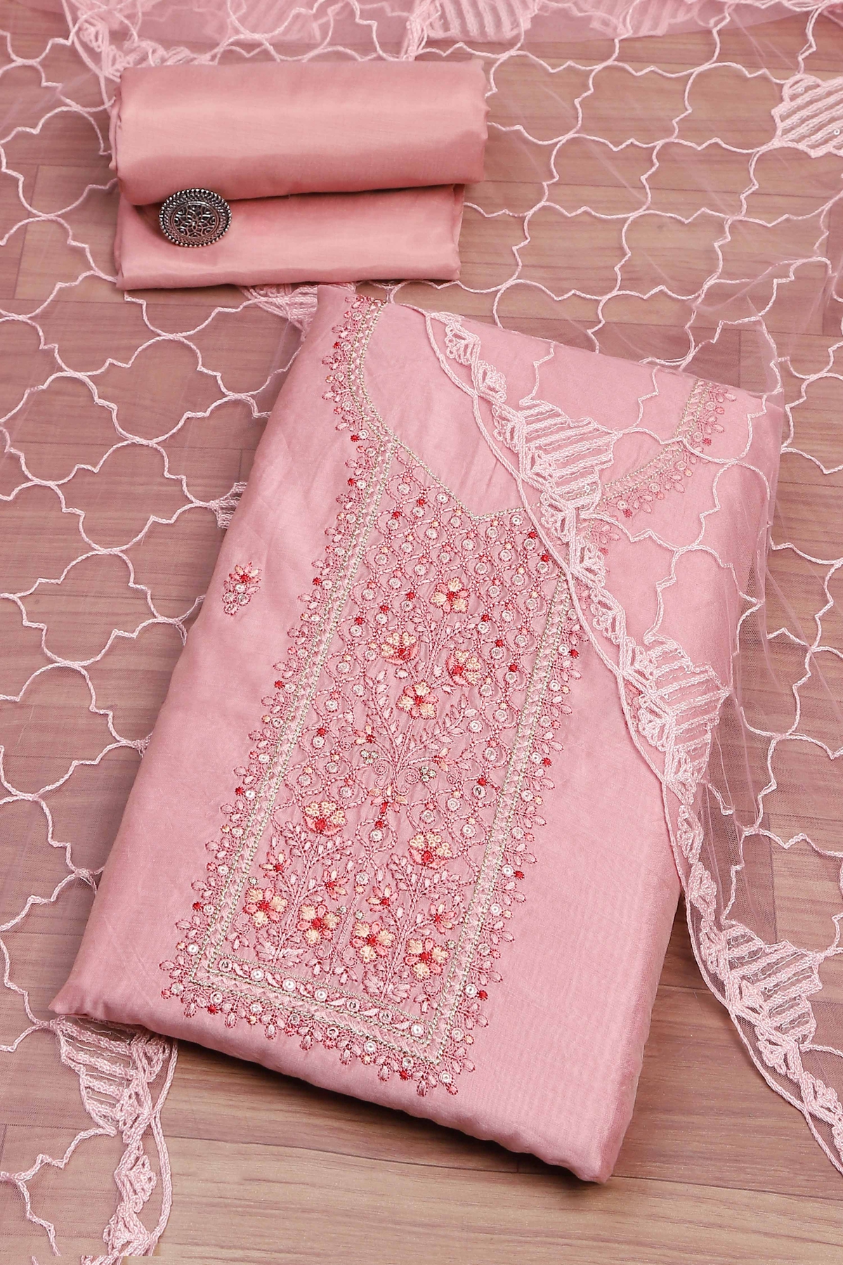 Pink Chanderi Embroidered Unstitched Suit Set