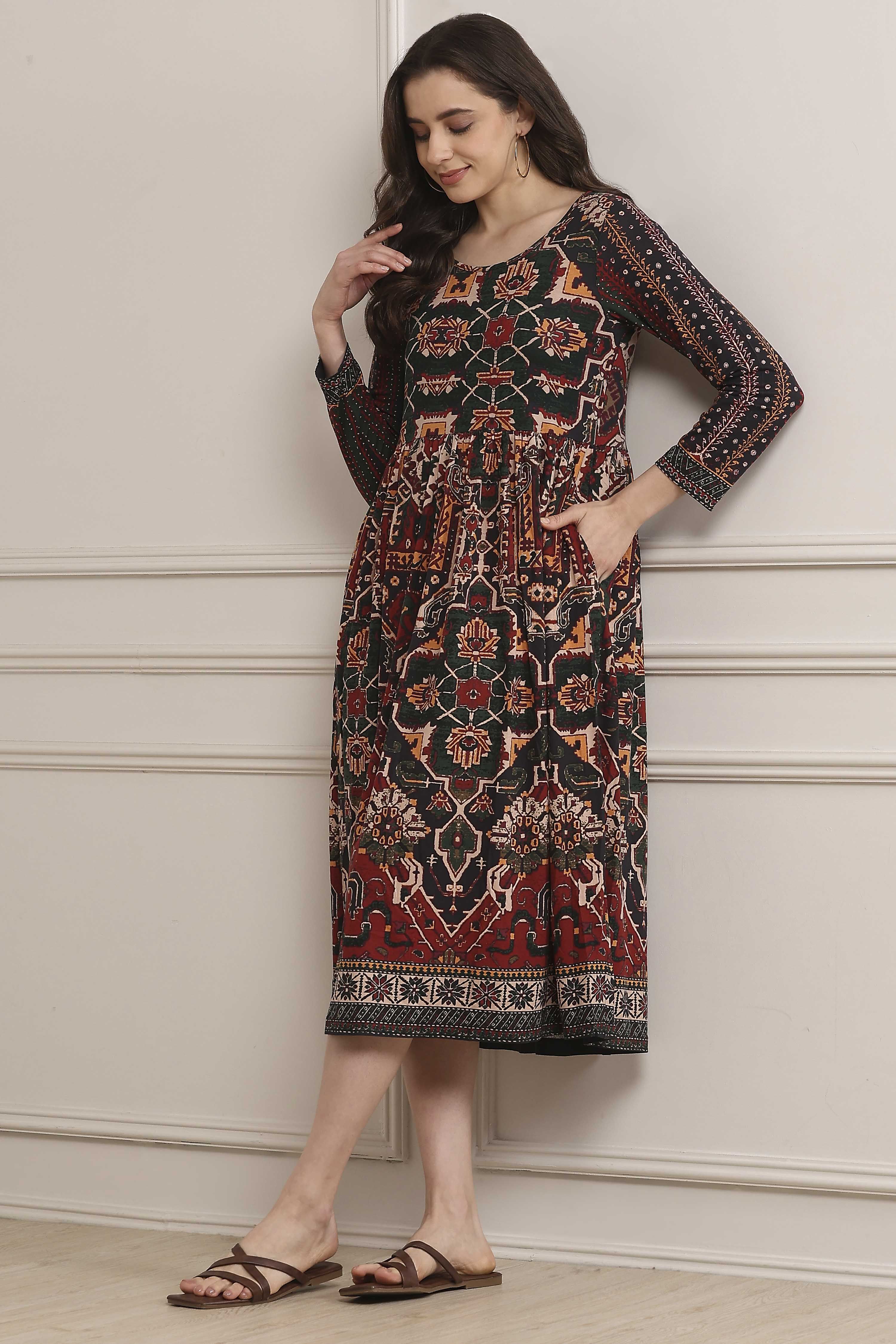 Rust Cotton Blend Flared Printed Dress image number 0