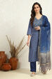 Dark Blue Cotton Floral Handloom Unstitched Suit Set image number 7