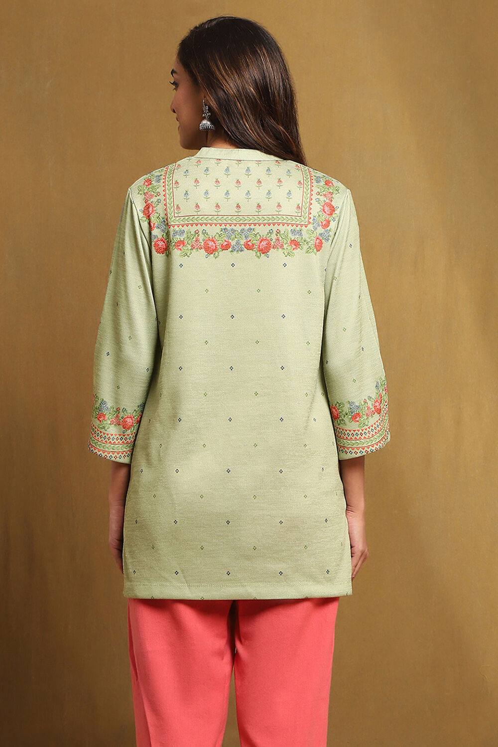 Mint Green Knit Printed Straight Winter wear Short Kurta image number 3