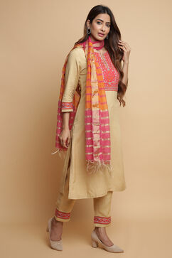 Beige Rayon Straight Kurta Regular Pant Suit Set image number 0