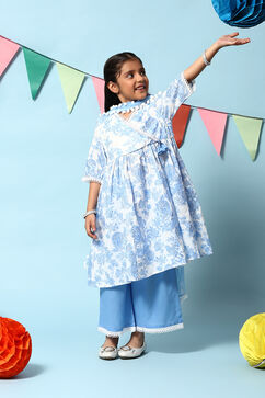 Blue Cotton Gathered Kurta Straight Palazzo Suit Set image number 7