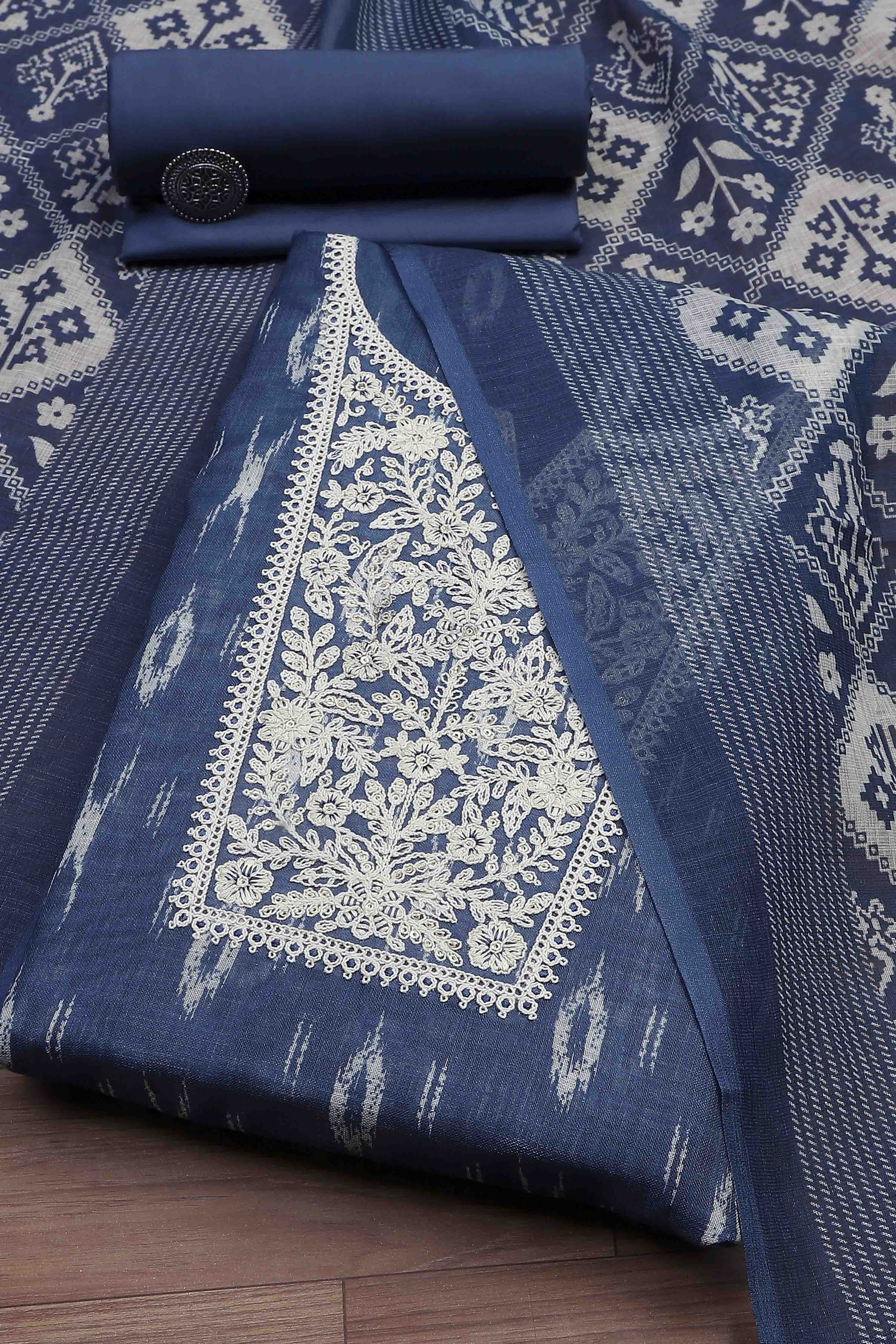 Blue Linen Royal-Ikkat  Buti Print Unstitched Suit Set image number 0