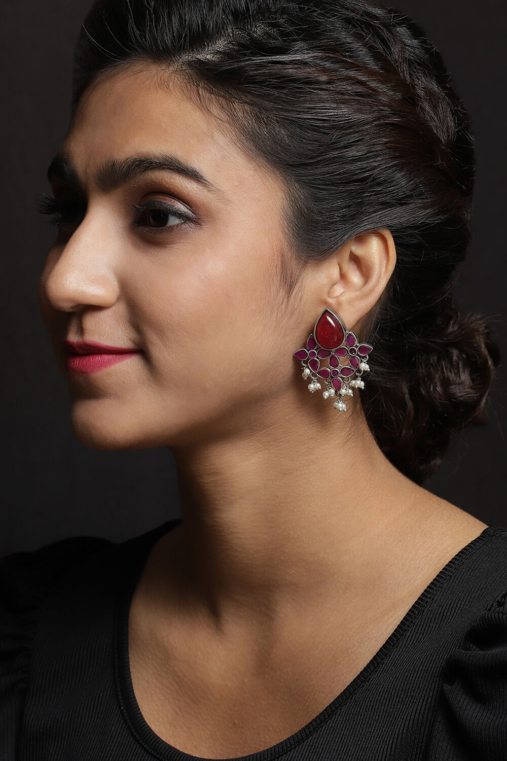 Dark Pink Drop Stud Earrings image number 1