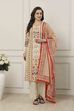Beige Cotton All-Over Floral Straight Suit Set