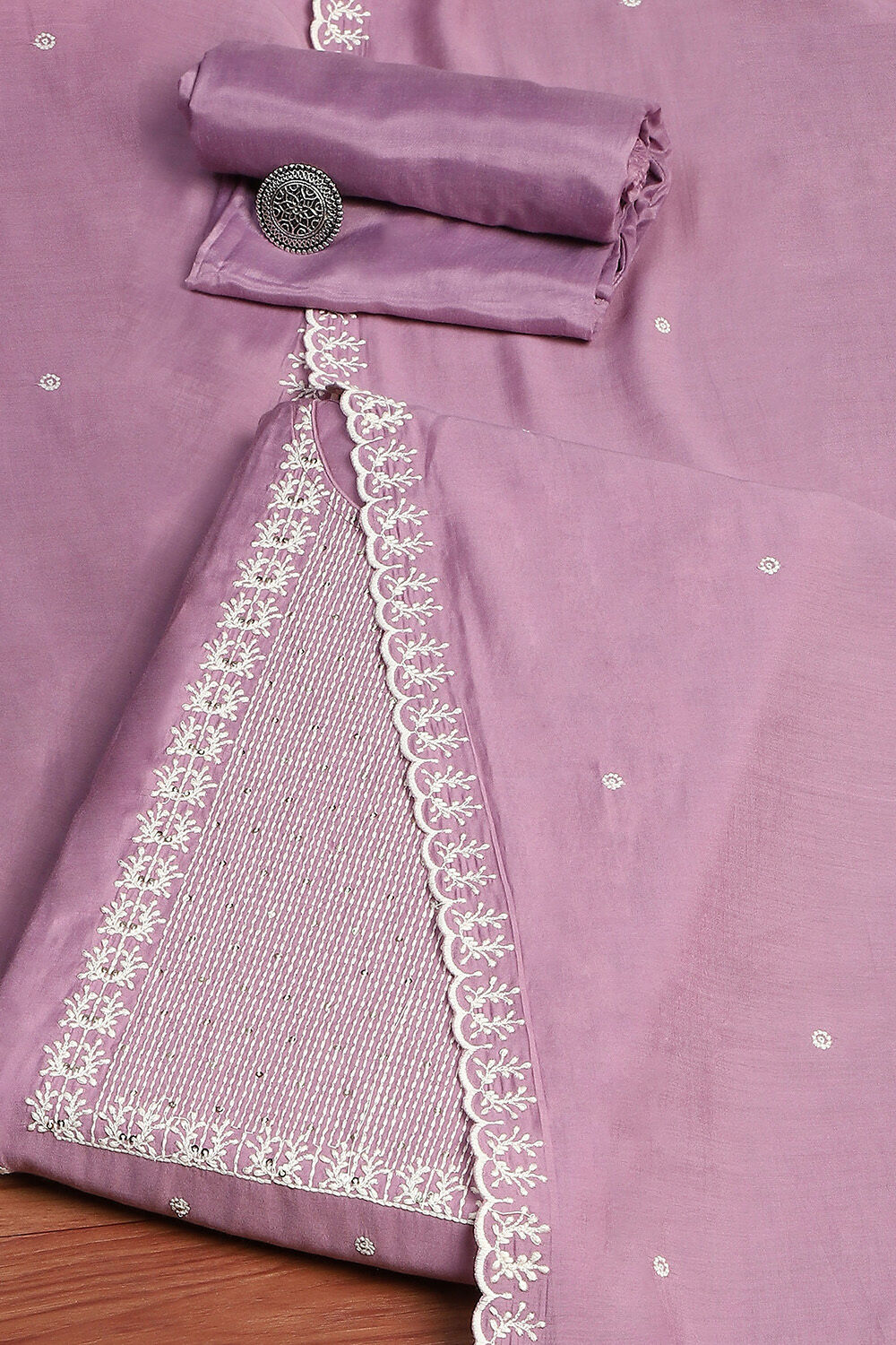 Green Silk Blend Machine Embroidered Unstitched Suit Set image number 0