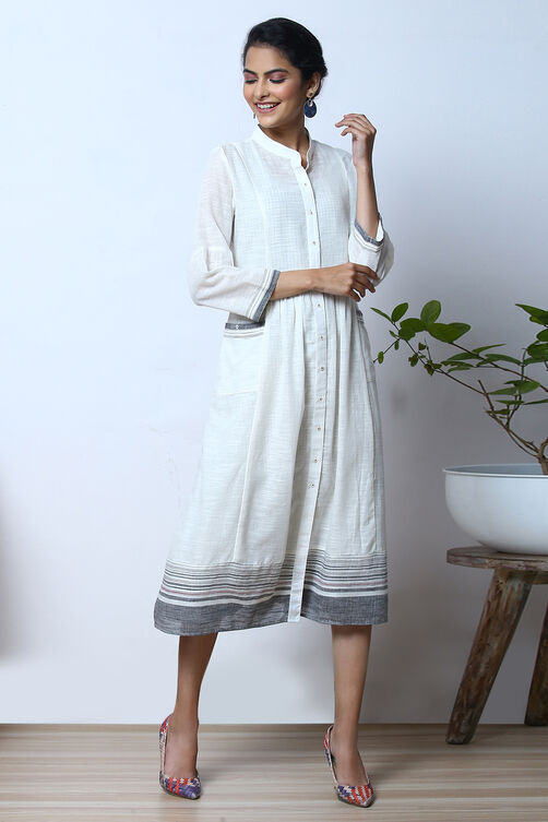 White Cotton A-Line  Yarndyed Kurta Dress image number 5