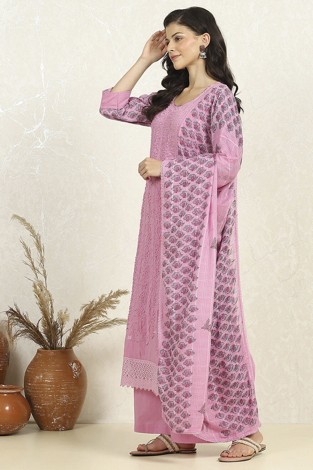 Purple Cotton Hand-Block Printed Unstitched Suit Set image number 4