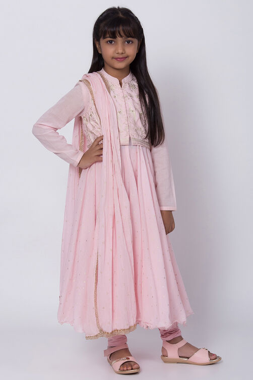Pastel Pink Cotton Anarkali Kurta Churidar Suit Set image number 5