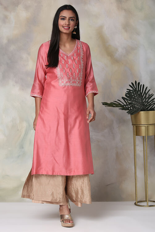 Peach Cotton Silk Straight Yarndyed Kurta image number 2