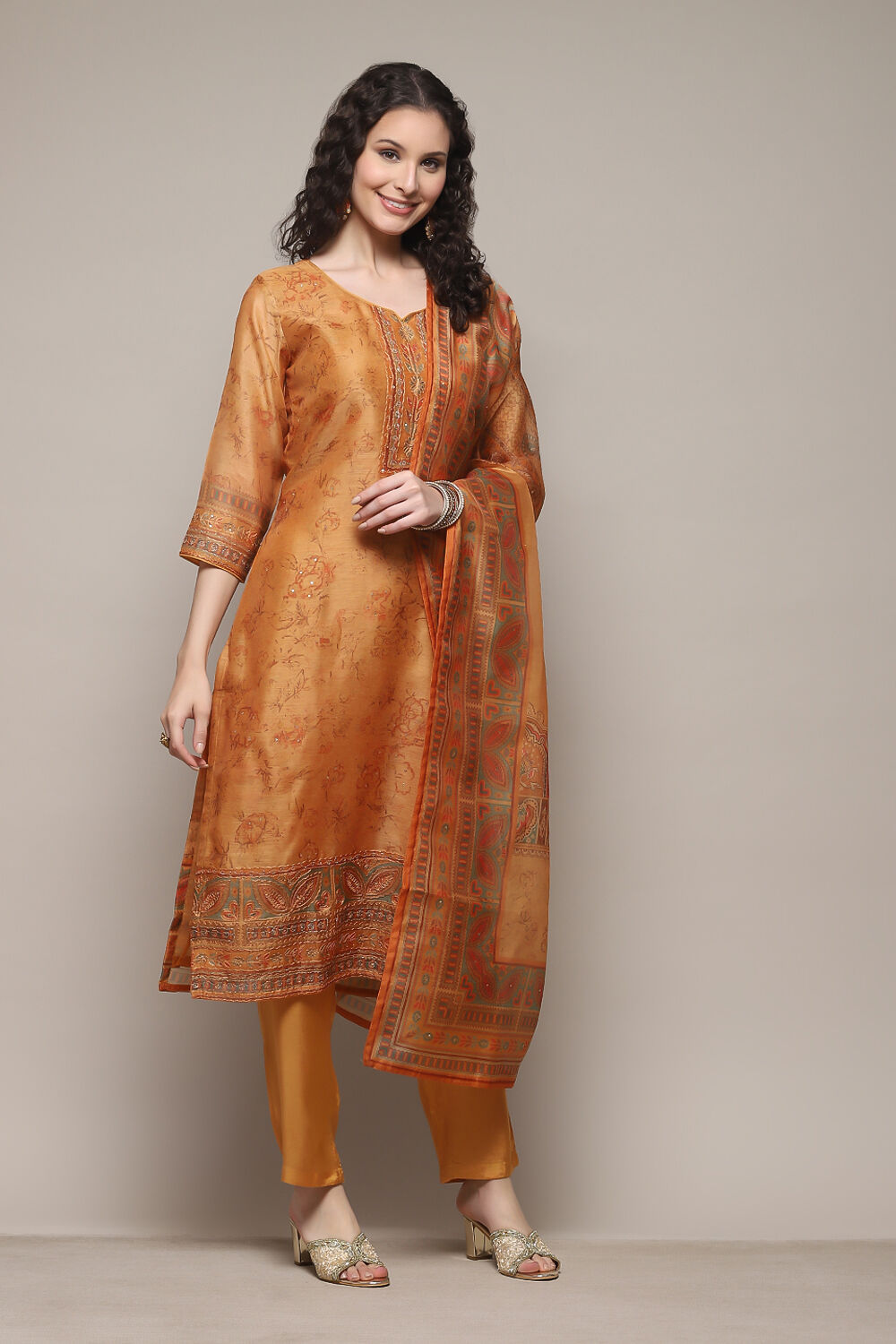 Mustard Chanderi Unstitched Suit Set image number 6
