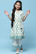 White Printed Cotton Flared Kurta With Straight Palazzo