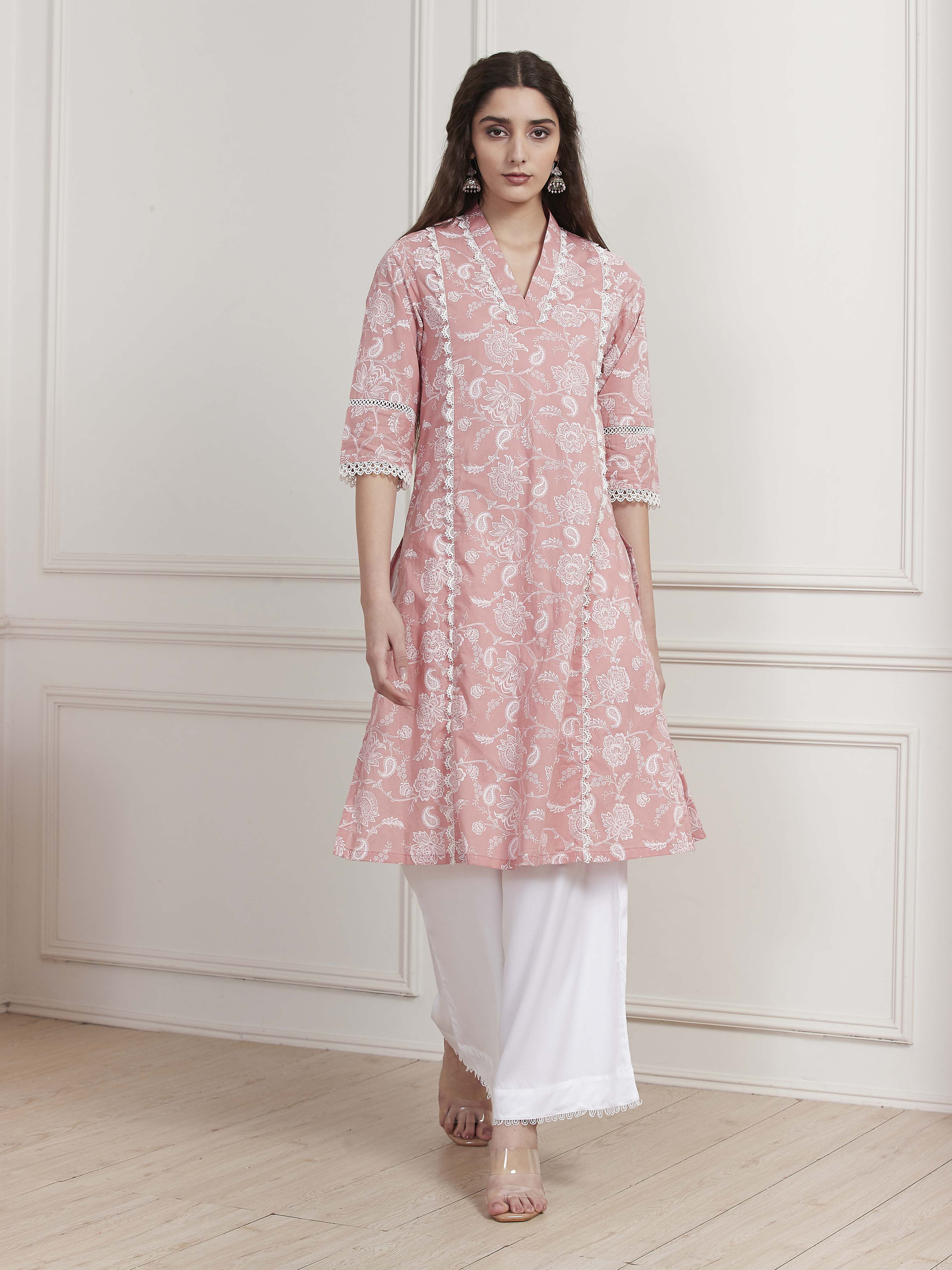 Pink Cotton Printed Straight Kurta image number 5