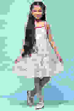 Ecru Red Printed Cambric Dress With Red Lace Detail On Neck image number 0