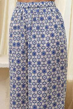 Off-White and Blue Cotton Straight Suit Set image number 2
