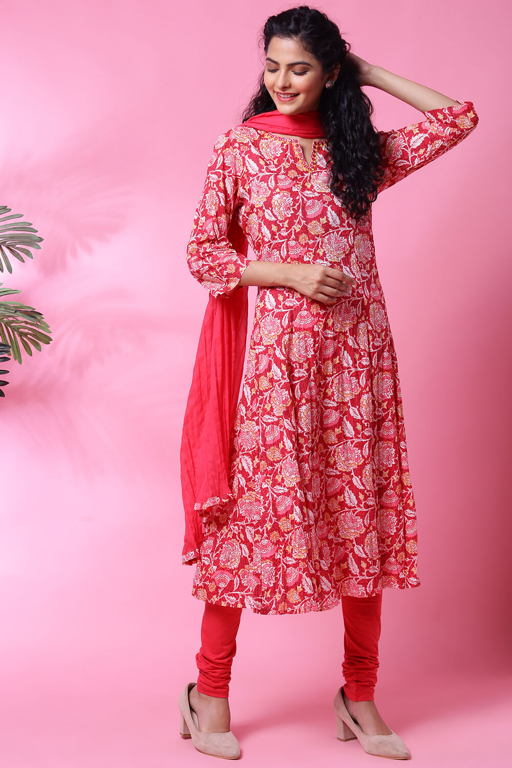 Red Cotton Crushed Kalidar Kurta Churidar Suit Set Kurta Churidar Dupatta Mask at Biba Global