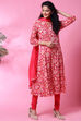 Red Cotton Crushed Kalidar Kurta Churidar Suit Set