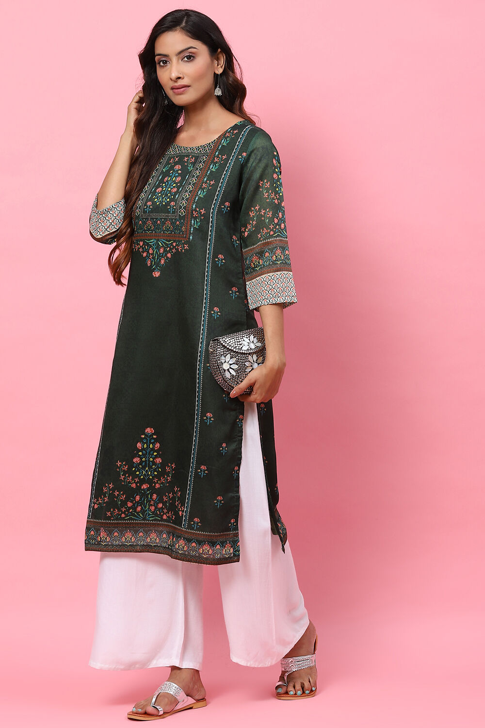 Dark Green A-Line Cotton Kurta image number 5