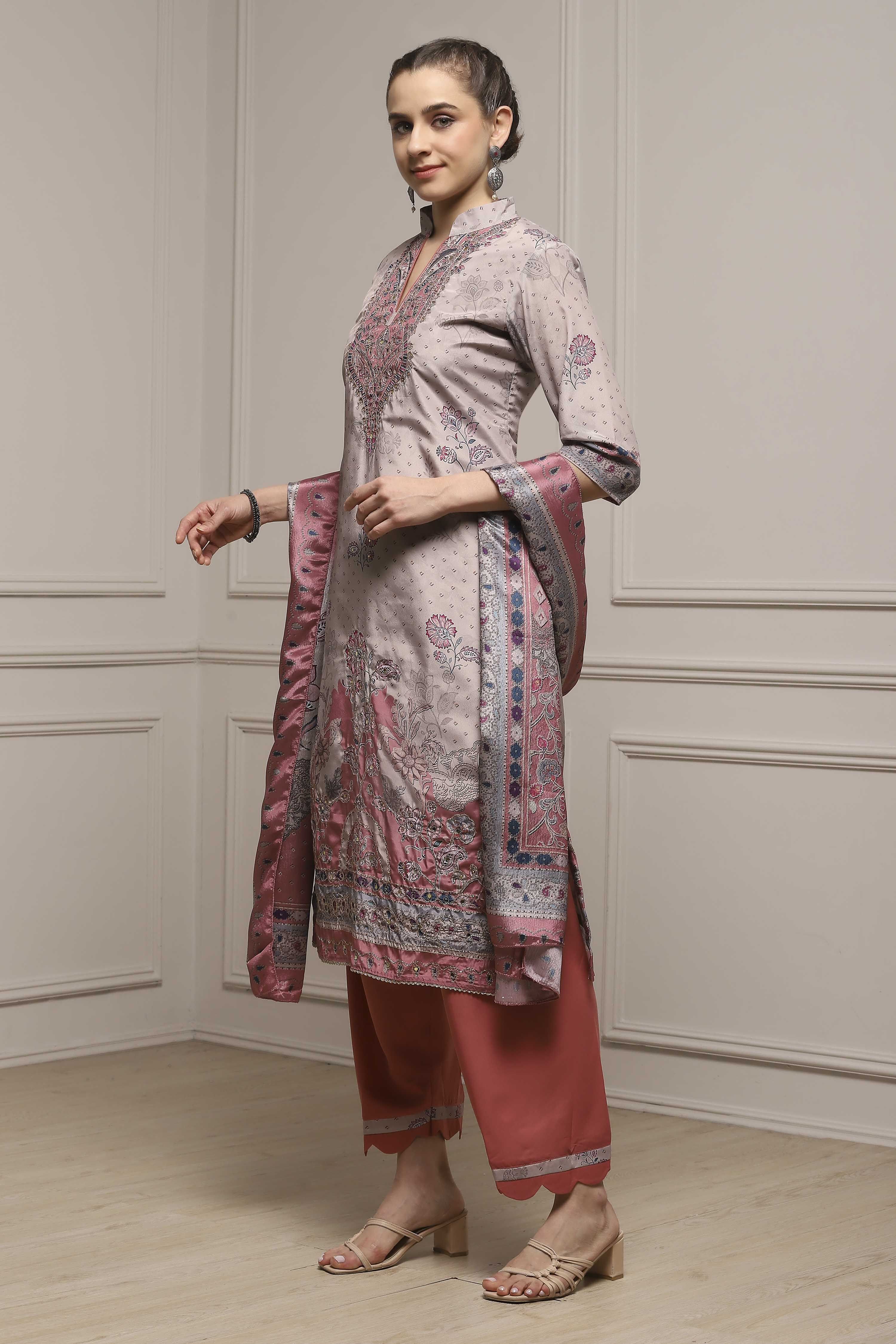 Brown Poly Crepe Digital Print Unstitched Suit Set image number 4