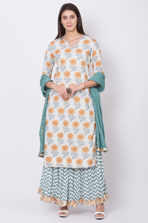 Teal And Off White Cotton Straight Kurta Skirt Suit Set image number 0