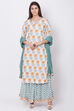Teal And Off White Cotton Straight Kurta Skirt Suit Set image number 0