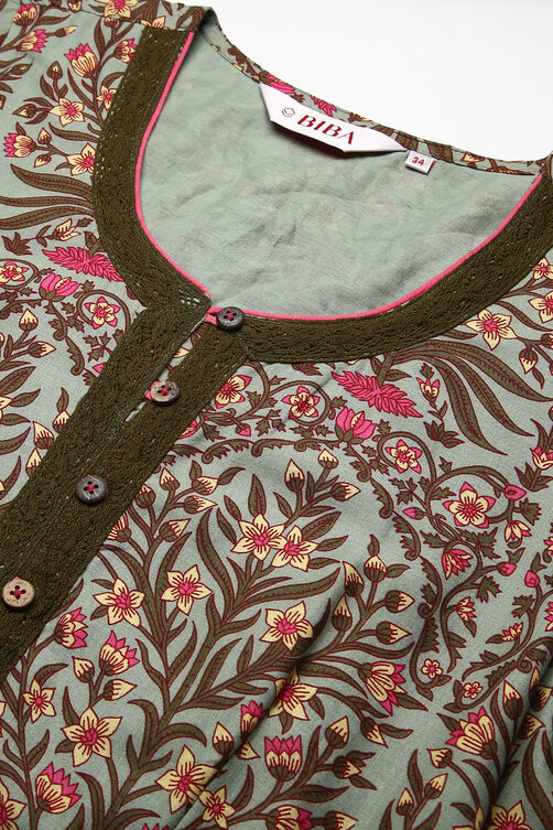 Sage Green Cotton Fusion Wear Dress image number 1