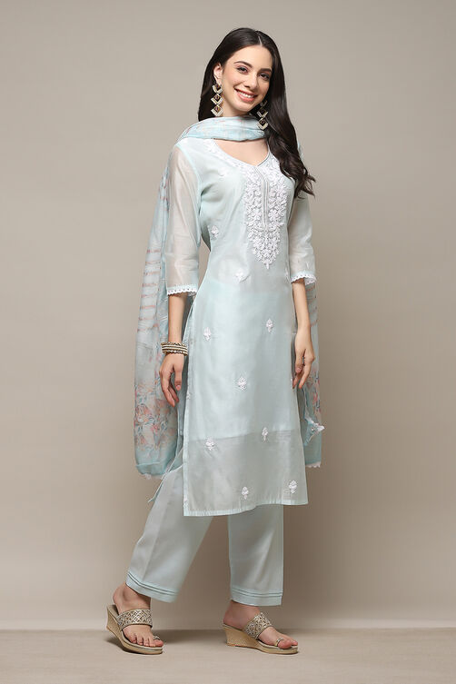 Sky Blue Chanderi Blend Machine Embroidered Unstitched Suit Set image number 7