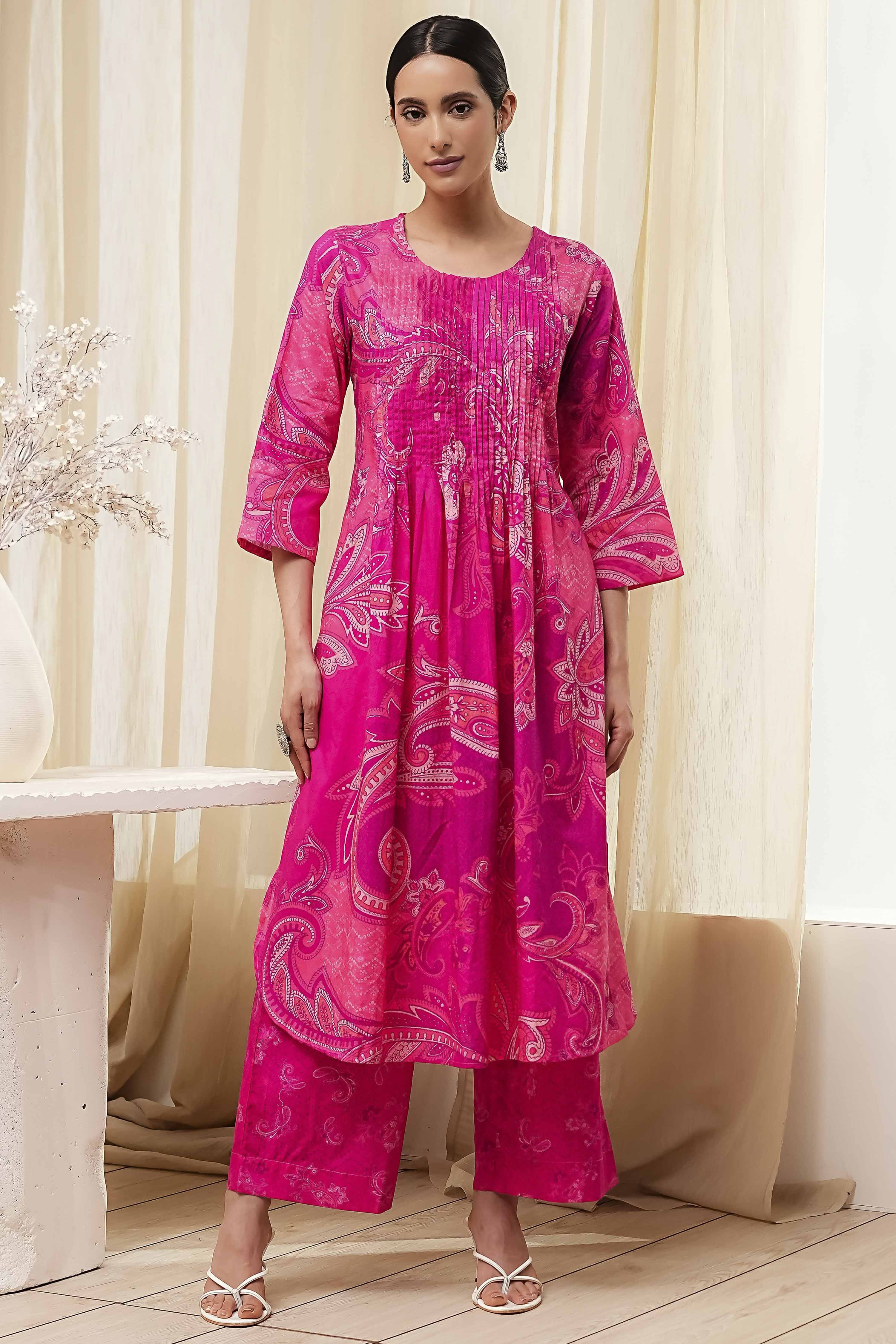 Pink Cotton Printed Pleated Kurta Set image number 6