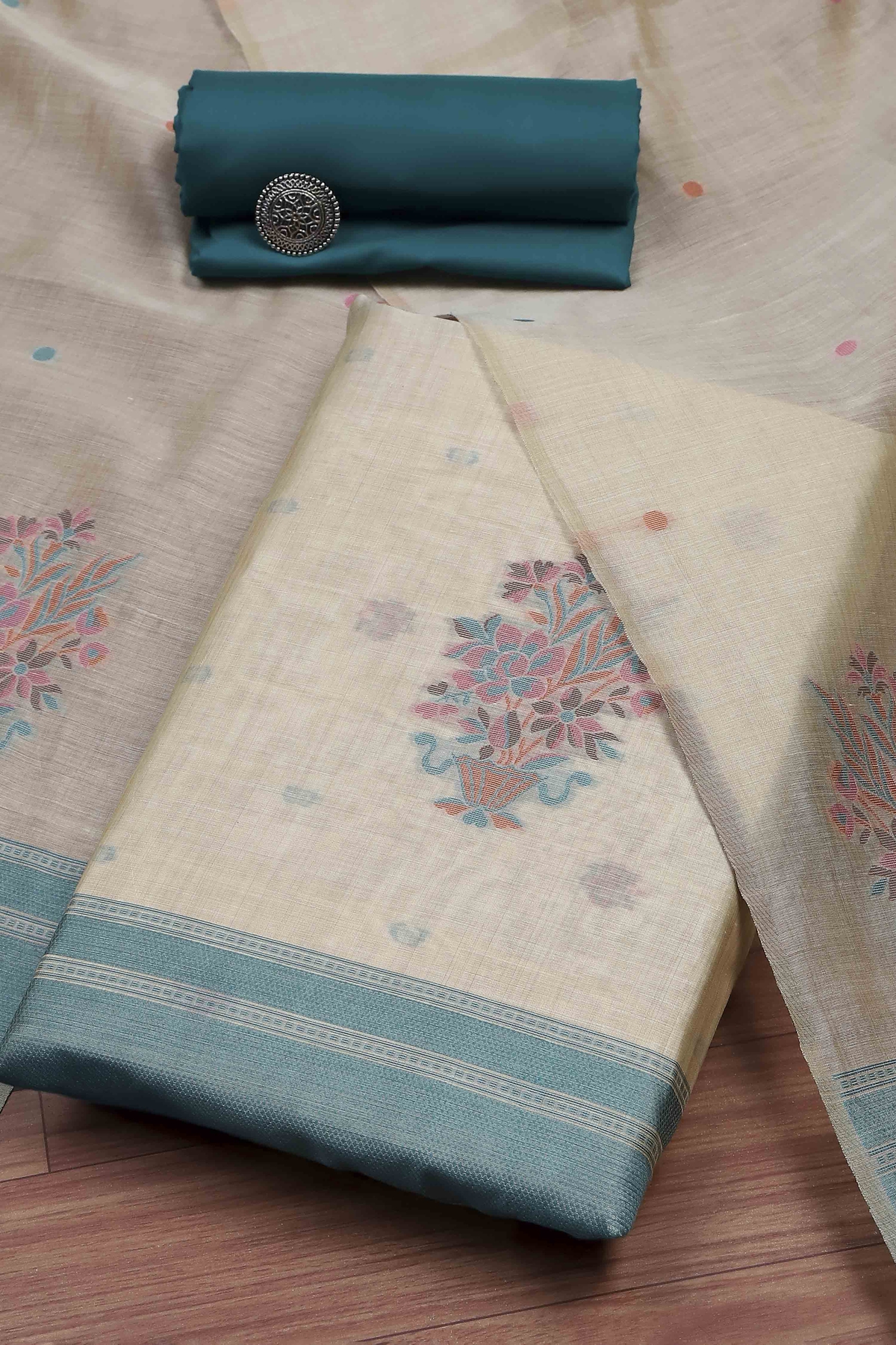 Teal Cotton Printed Embroidered Unstitched Suit Set