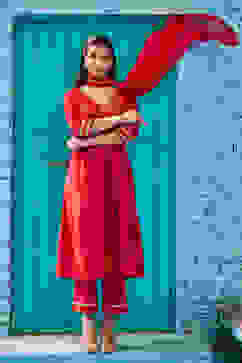 Red Rayon Gathered Suit Set image number 0