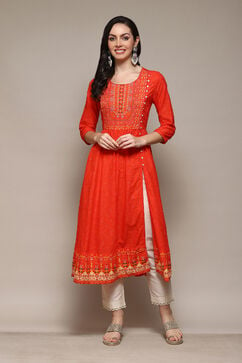 Red Cotton A-Line Printed Kurta image number 5